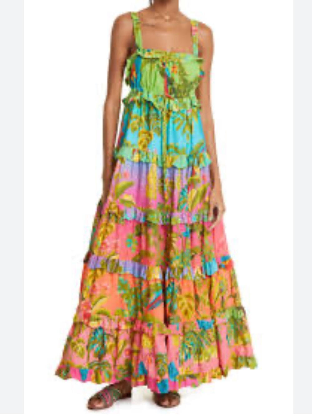 FARM Rio Bright Floral Ombre Tiered Maxi Skirt - Pink Green Blue